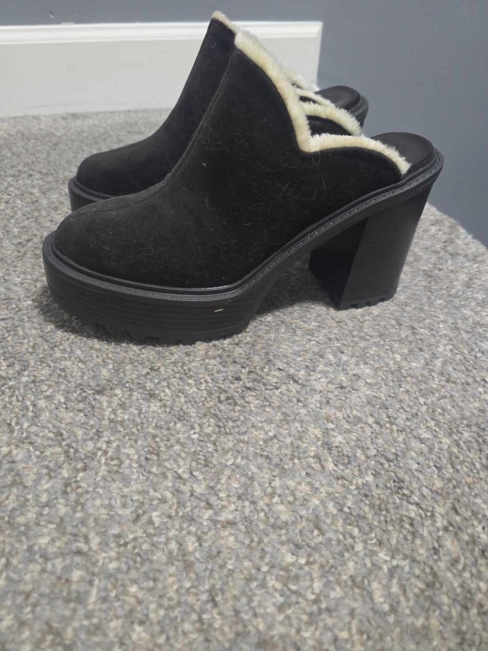 JustFab Black Suede Platform Mule with Cream Fur Trim